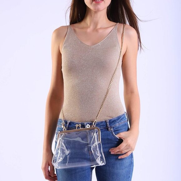 Clear PVC Clutch Bag Womens Crossbody Stadium Approved Chain Gold - Picture 2 of 6